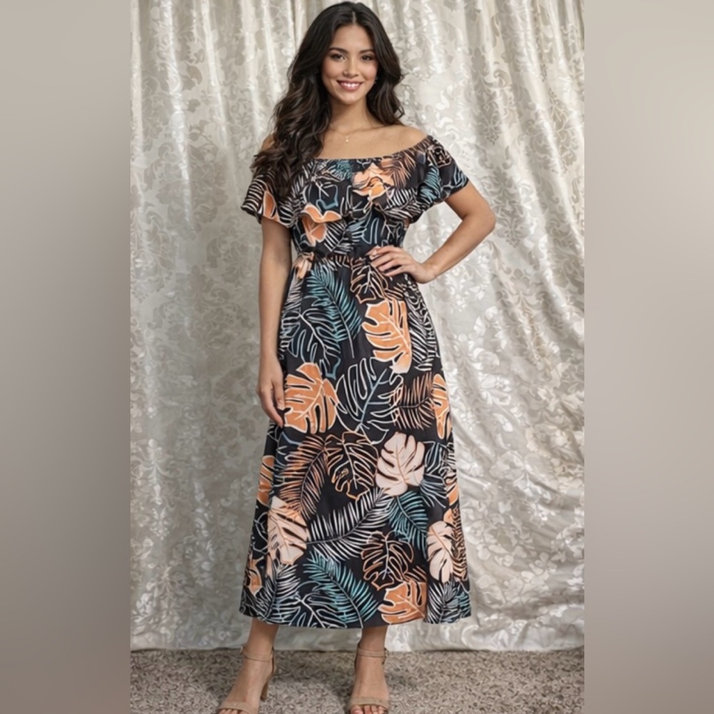 SHEIN Black Tropical Leaf Maxi Dress/B068